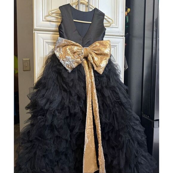 Custom Made Girl's Sequined Waist & Bow Hi-Low Hem Dress Gown Black Gold Small - Picture 5 of 16